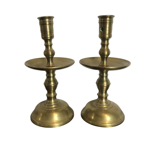 Antique Handmade Belgian Cast Brass Candlestick Holders 8 X 4 - Picture 1 of 10